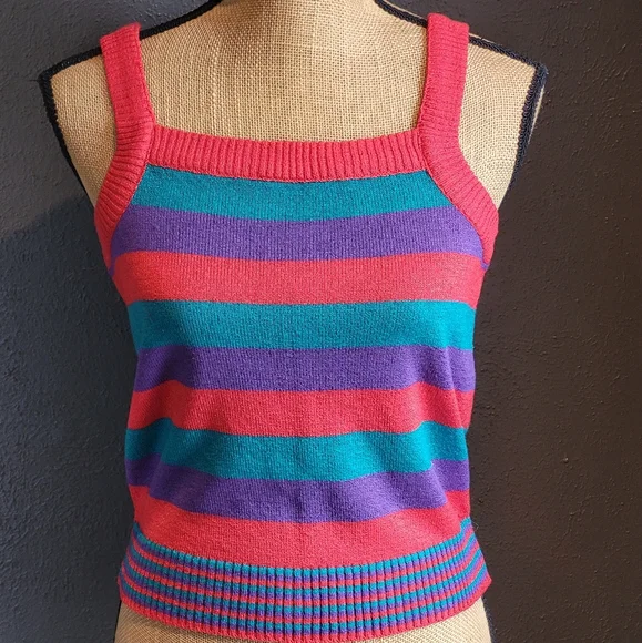 Knit Knit Acrylic & Mohair Striped Cardigan With Matching Knit Tank Top Large - Picture 9 of 15